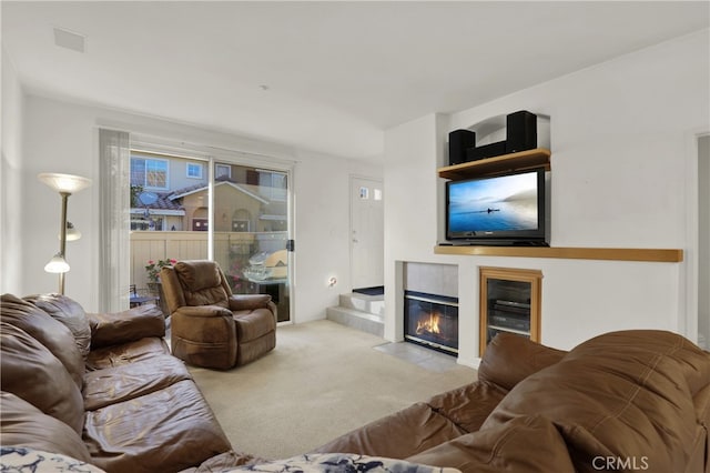 living room featuring light colored carpet