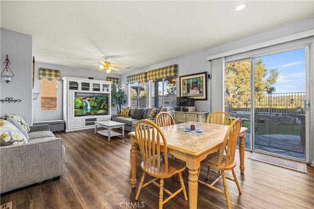 dining room with hardwood / wood-style flooring, ceiling fan, and a healthy amount of sunlight