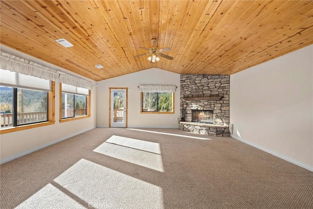 living room featuring ceiling fan, a stone fireplace, vaulted ceiling, carpet, and wood ceiling