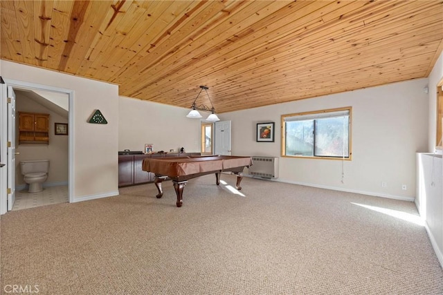 rec room with radiator, wooden ceiling, billiards, carpet floors, and lofted ceiling