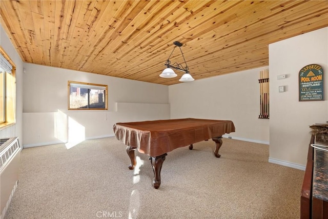 game room featuring carpet floors, wooden ceiling, and billiards