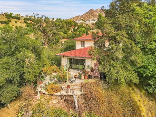 back of house featuring a mountain view and a patio