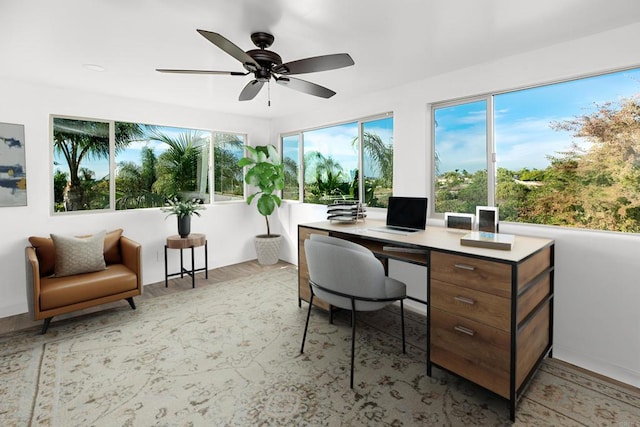 office area featuring light hardwood / wood-style floors and ceiling fan