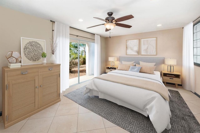 tiled bedroom with access to outside and ceiling fan