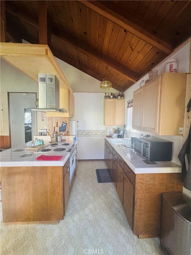 kitchen featuring lofted ceiling with beams, wall chimney range hood, sink, kitchen peninsula, and wood ceiling