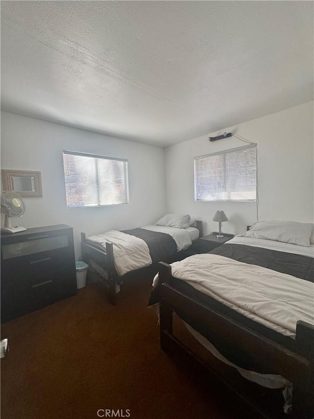 carpeted bedroom featuring multiple windows and a textured ceiling