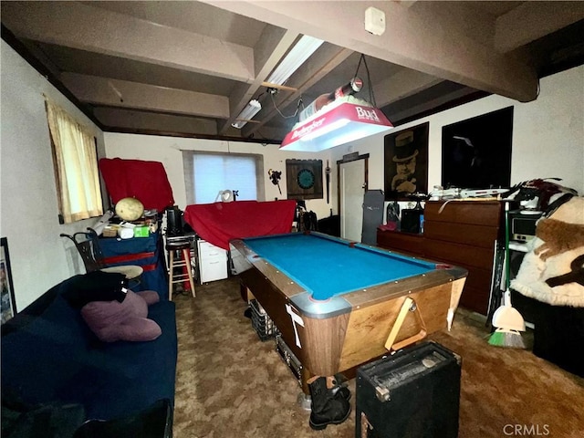 playroom featuring beam ceiling, dark carpet, and pool table