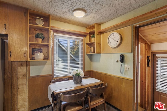 dining space featuring a healthy amount of sunlight and wooden walls