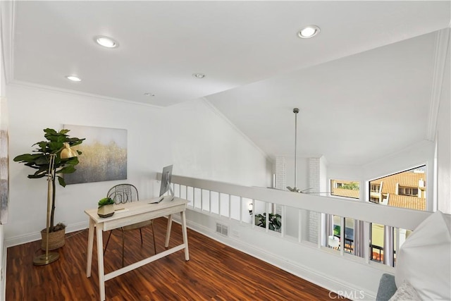 office space featuring hardwood / wood-style flooring, ceiling fan, and crown molding