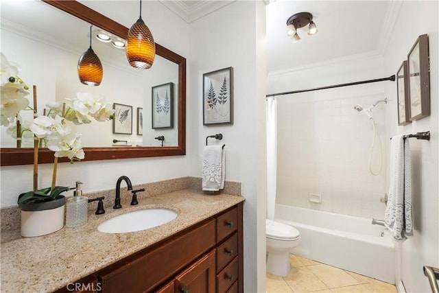 full bathroom with tile patterned floors, crown molding,  shower combination, toilet, and vanity