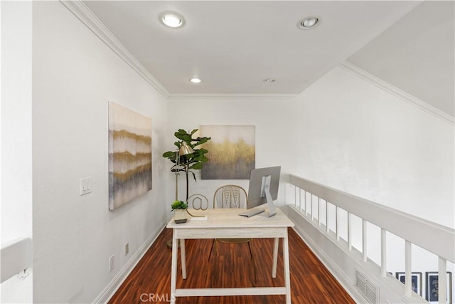 unfurnished office featuring dark hardwood / wood-style flooring and ornamental molding