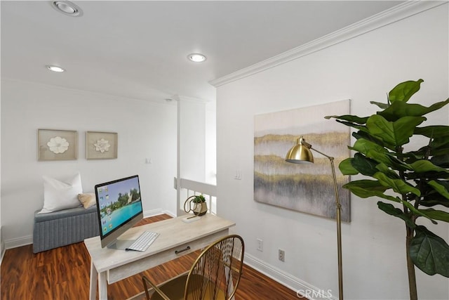 office with dark hardwood / wood-style floors and crown molding