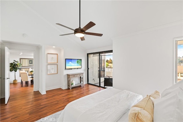 bedroom with access to exterior, high vaulted ceiling, ceiling fan, and dark wood-type flooring