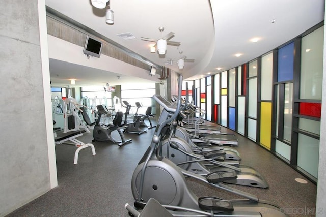 gym featuring ceiling fan