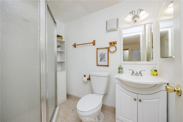 bathroom featuring tile patterned flooring, vanity, toilet, and a shower with door