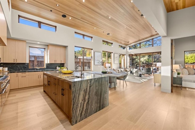 kitchen with sink, wood ceiling, high vaulted ceiling, a center island with sink, and backsplash