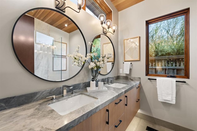 bathroom with tile patterned floors, vanity, and wooden ceiling