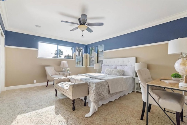 bedroom featuring ceiling fan, light colored carpet, and crown molding