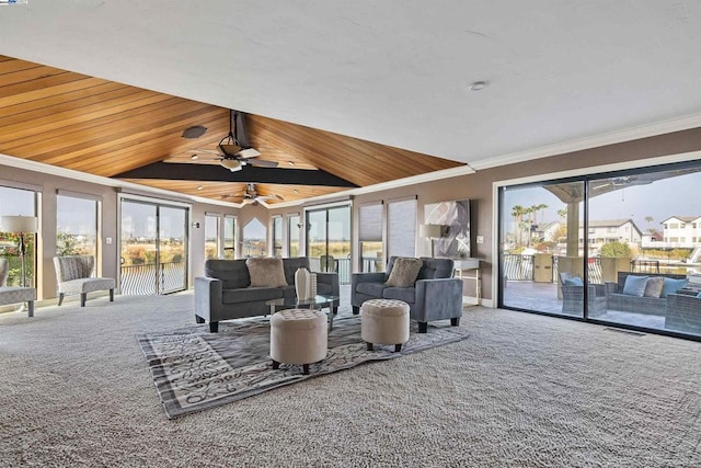 living room with carpet, lofted ceiling, wooden ceiling, and a wealth of natural light