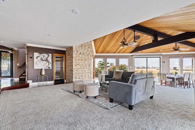 living room featuring carpet flooring, wooden ceiling, and vaulted ceiling