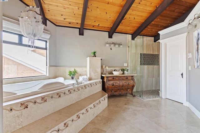 bathroom with lofted ceiling with beams, wood ceiling, and shower with separate bathtub