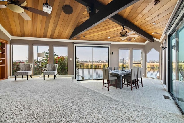 sunroom featuring lofted ceiling with beams, a water view, ceiling fan, and wooden ceiling