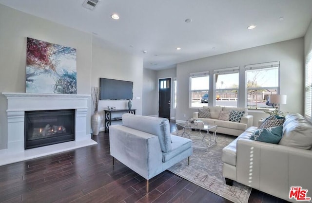 living room with dark wood-type flooring