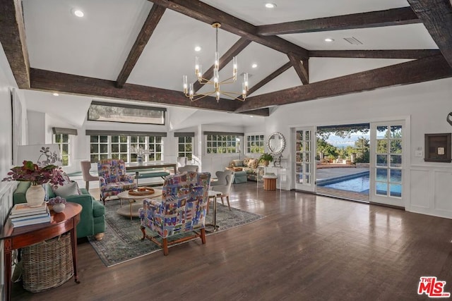 living room with beamed ceiling, a healthy amount of sunlight, and wood-type flooring