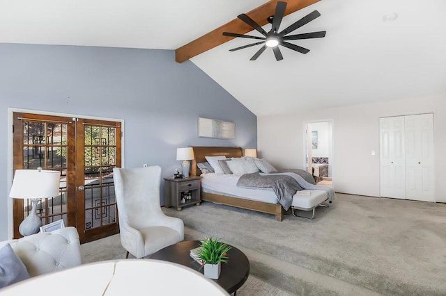 bedroom featuring light carpet, high vaulted ceiling, access to outside, ceiling fan, and beam ceiling