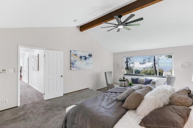 bedroom with ceiling fan, lofted ceiling with beams, and carpet flooring