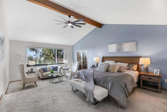 bedroom featuring ceiling fan, light colored carpet, high vaulted ceiling, and beamed ceiling