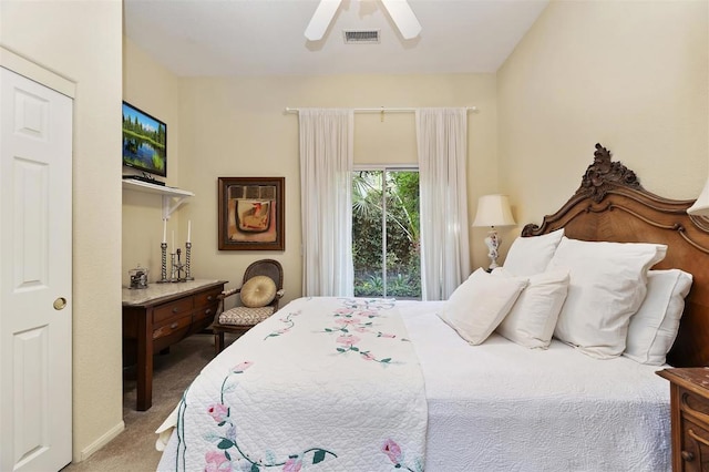 bedroom featuring carpet flooring and ceiling fan