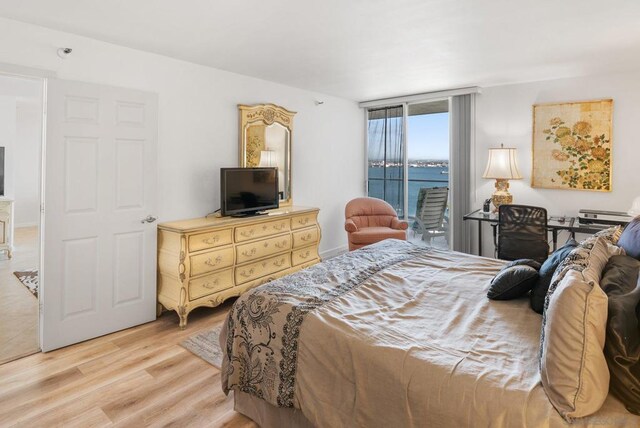 bedroom featuring access to exterior and light hardwood / wood-style flooring