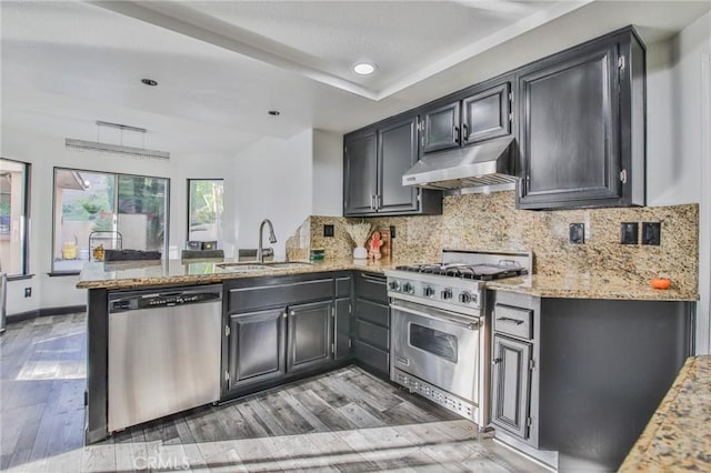 kitchen with sink, appliances with stainless steel finishes, light hardwood / wood-style flooring, and kitchen peninsula