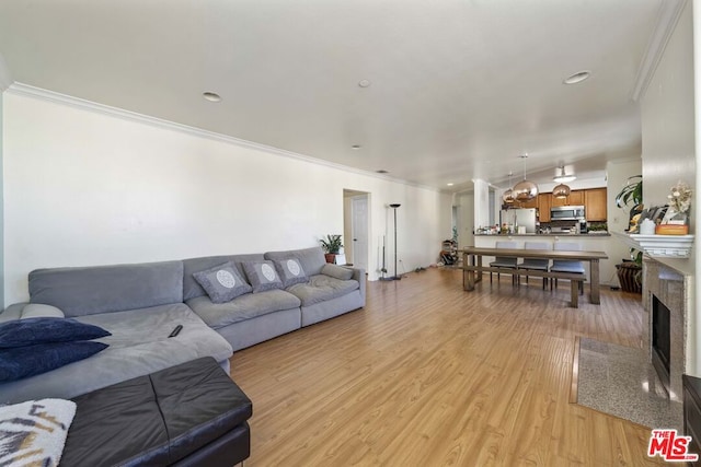 living room with light wood-type flooring and ornamental molding