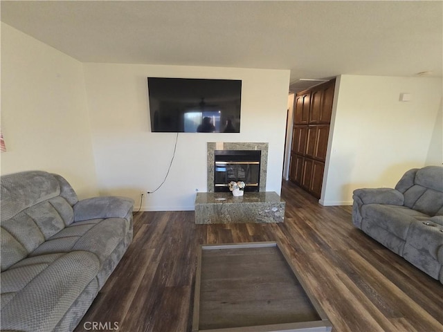 living room with a premium fireplace and dark hardwood / wood-style flooring