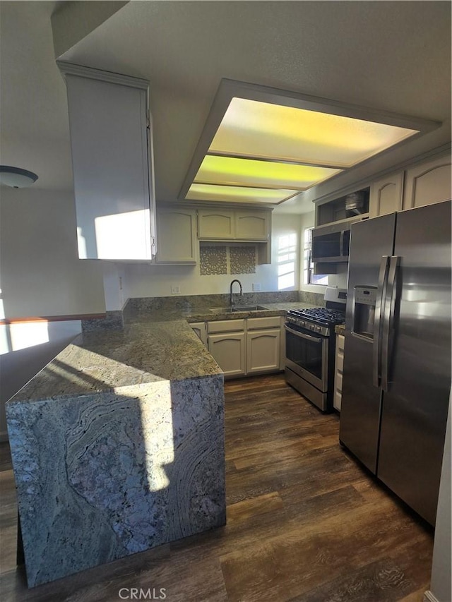 kitchen featuring sink, kitchen peninsula, dark hardwood / wood-style flooring, and stainless steel appliances