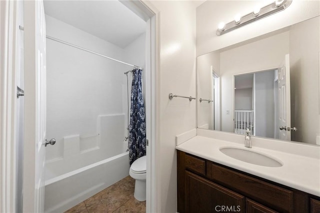 full bathroom featuring tile patterned flooring, vanity, toilet, and shower / bathtub combination with curtain