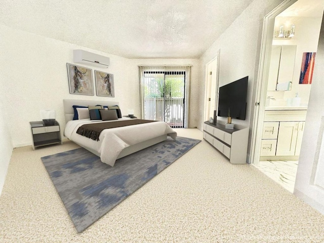 bedroom with access to outside, a wall mounted AC, and a textured ceiling