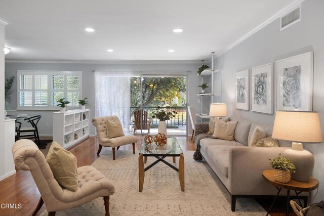 living room with light hardwood / wood-style floors, plenty of natural light, and crown molding