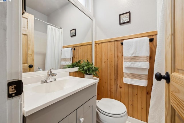 bathroom featuring vanity, toilet, and wooden walls