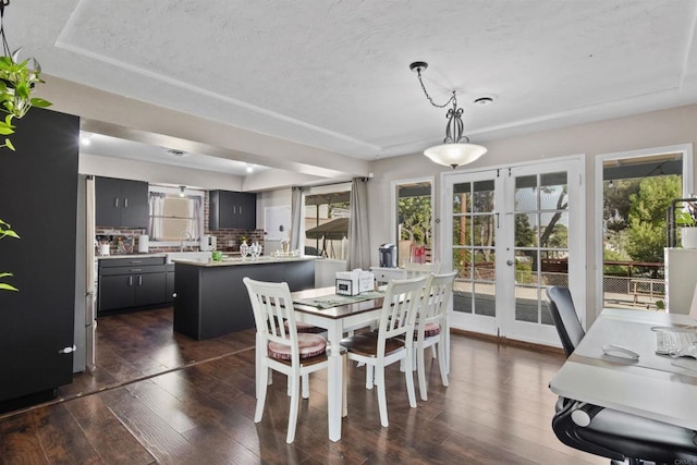 dining room featuring french doors, plenty of natural light, a textured ceiling, and dark hardwood / wood-style floors