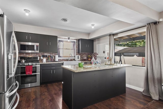 kitchen with a center island, backsplash, sink, dark hardwood / wood-style floors, and appliances with stainless steel finishes