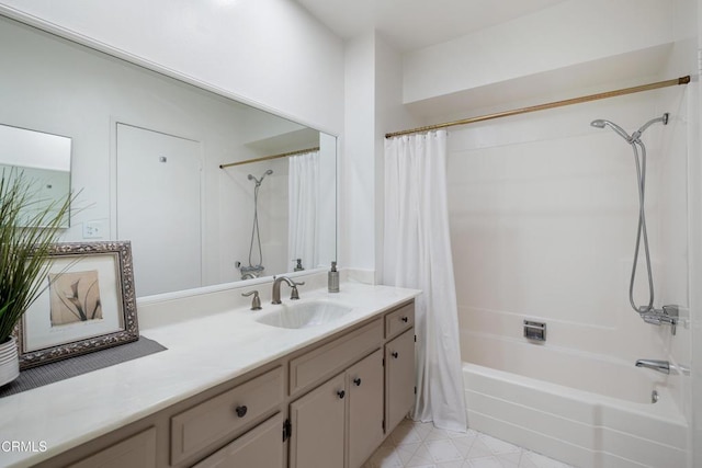 bathroom with vanity and shower / bathtub combination with curtain