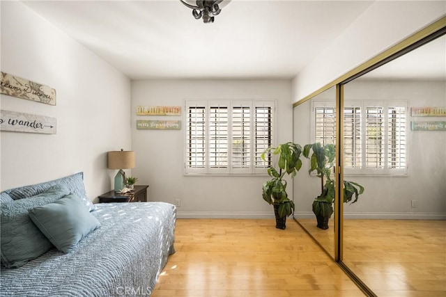 bedroom with multiple windows, a closet, and light hardwood / wood-style flooring