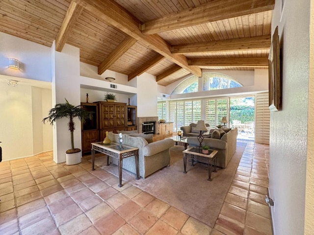 living room featuring beam ceiling, wooden ceiling, and high vaulted ceiling