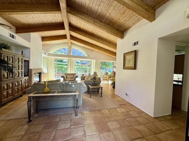 living room featuring beamed ceiling, wood ceiling, and high vaulted ceiling