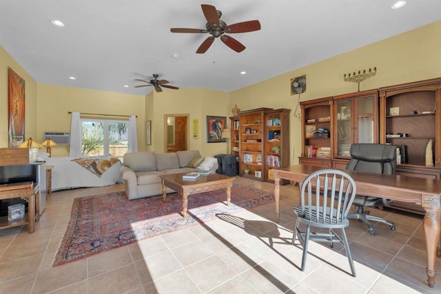 living room with light tile patterned floors and ceiling fan