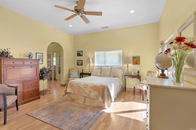 bedroom featuring ceiling fan and light hardwood / wood-style floors