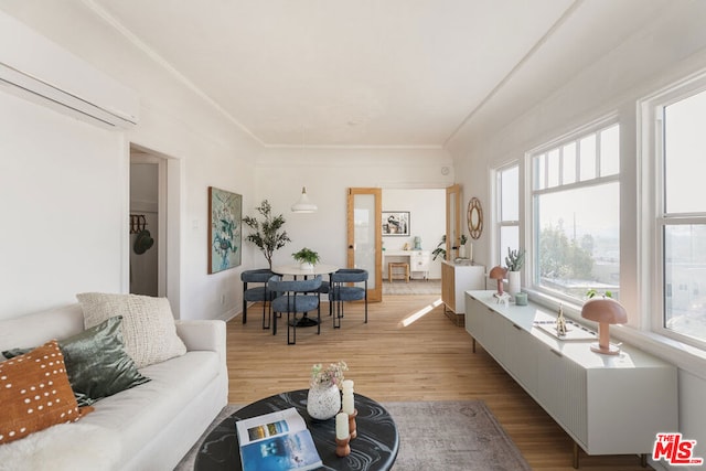 living room with hardwood / wood-style floors and a wall unit AC